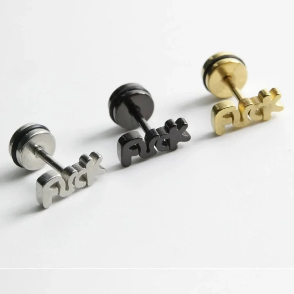 Single Accent Unisex Fashion Stainless Steel Letter Ear Stud Earrings Women Men